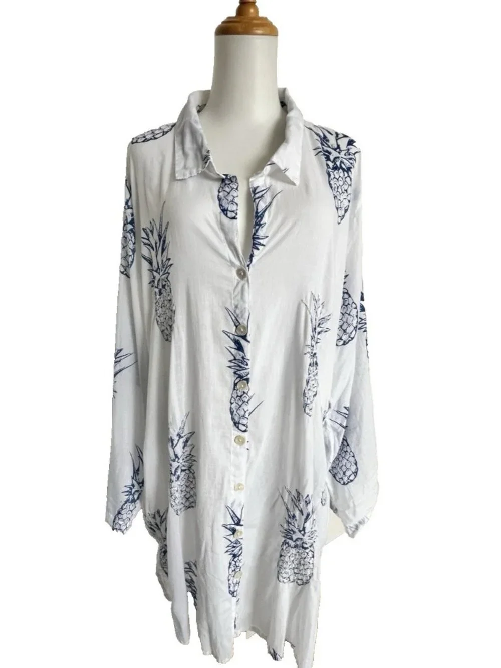 BLUE ISLAND Women's 2X Pineapple Beach Coverup 100% Cotton Swim Resort Pockets
